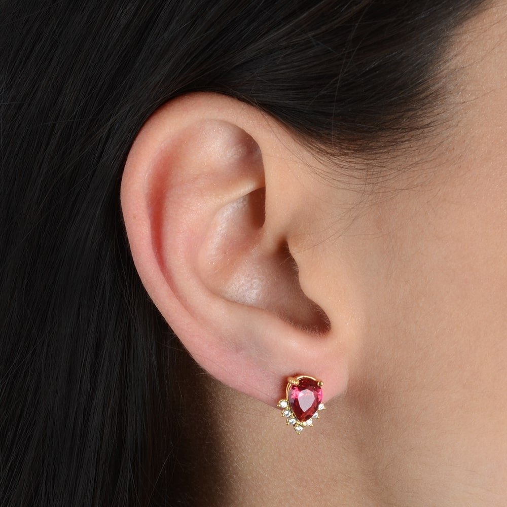 Brinco Coração Pedra Vermelha Zircônia 24K Mabilan + Promoção: 3 por 2