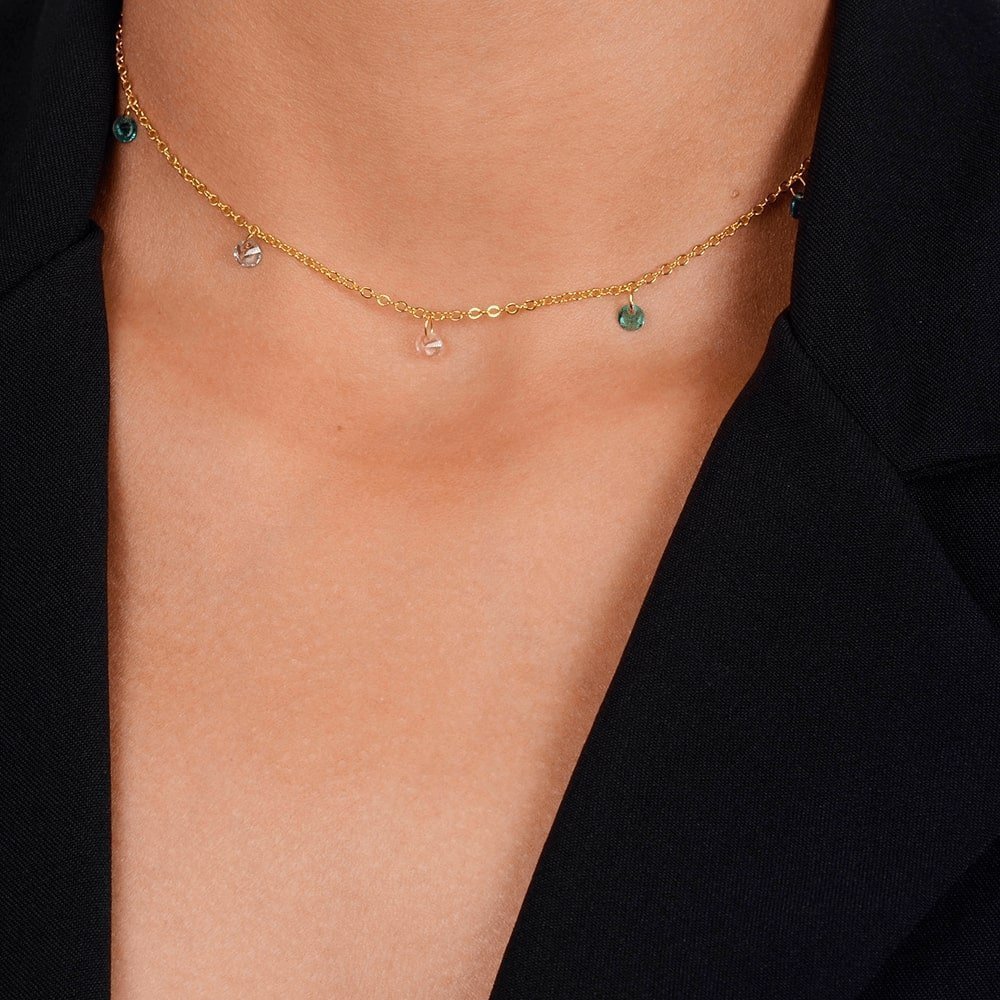 Colar Dourado Chocker Pontos de Luz Coloridos Cristais 24K - Mabilan