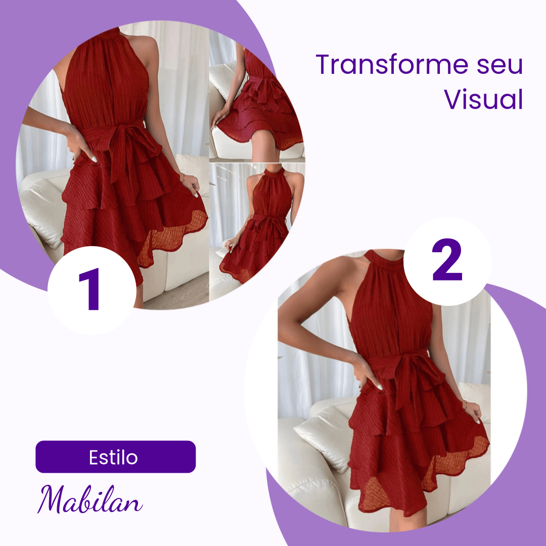 Vestido Feminino Casual Liso com Camada Dupla e Cinto - Mabilan