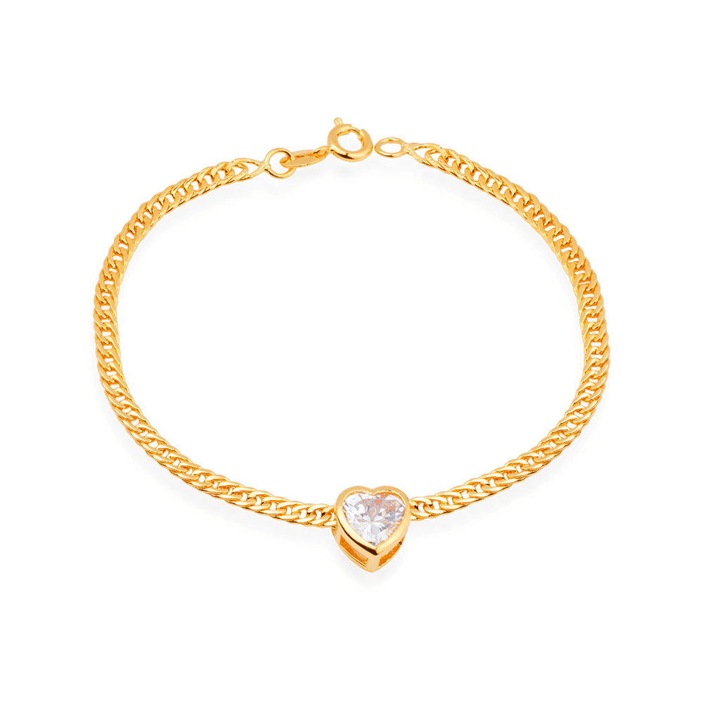 Pulseira Dourada com Pedra de Coração em Zircônia Ouro 24K - Mabilan