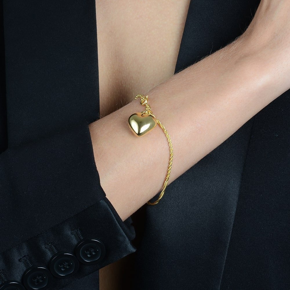 Pulseira Dourada de Cordão Baiano com Coração Ouro 24K- Mabilan