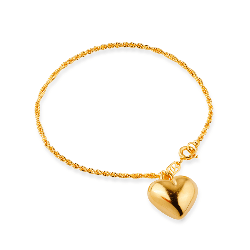 Pulseira Dourada de Cordão Baiano com Coração Ouro 24K- Mabilan