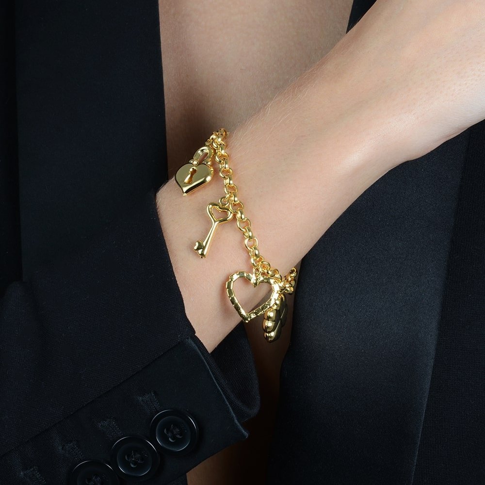 Pulseira Dourada Elo Português com Coração, Cadeado, Trevo e Chave Ouro 24K- Mabilan