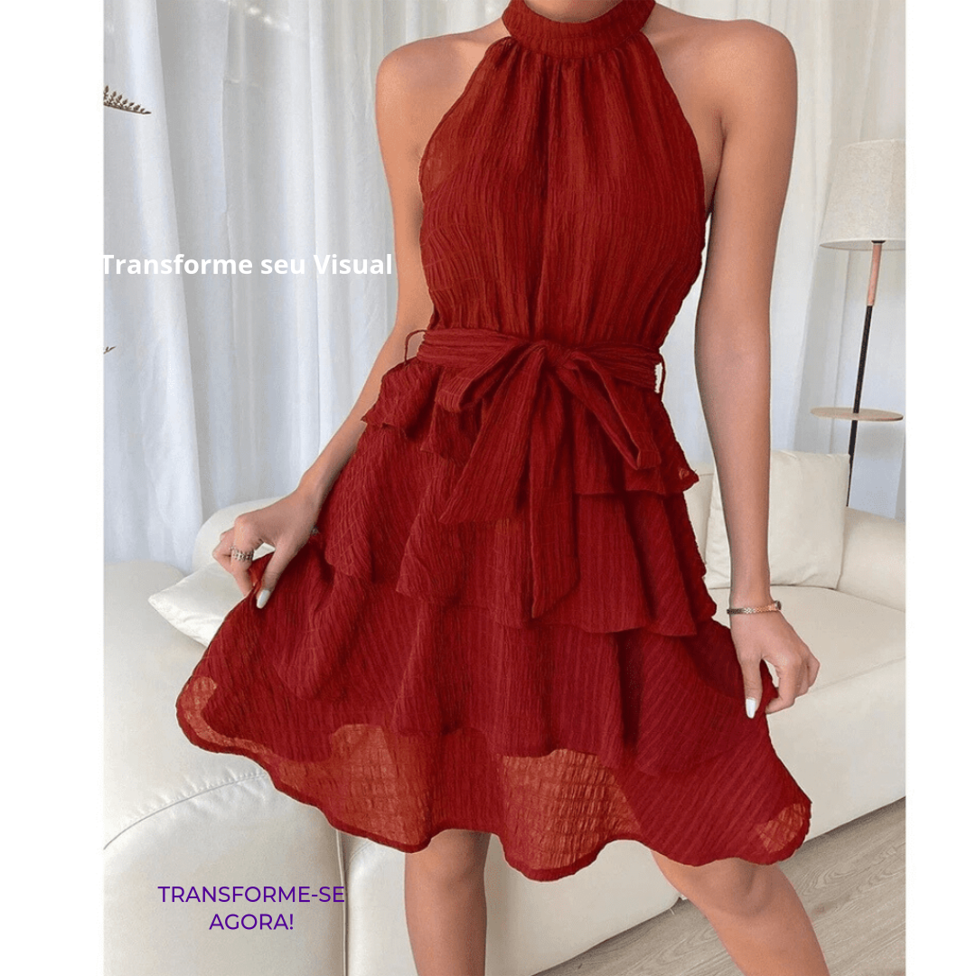 Vestido Feminino Casual Liso com Camada Dupla e Cinto - Mabilan