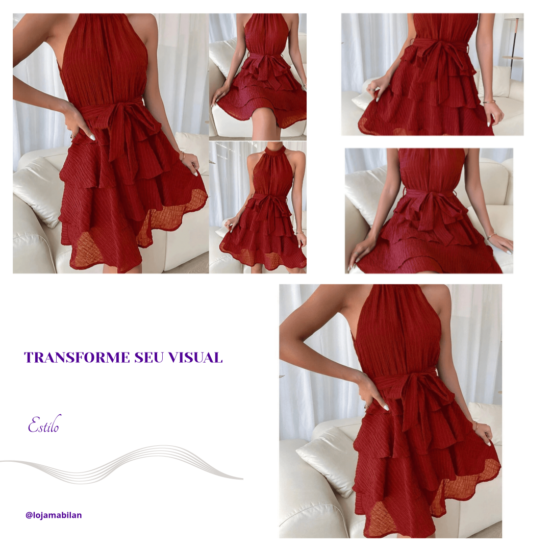 Vestido Feminino Casual Liso com Camada Dupla e Cinto - Mabilan