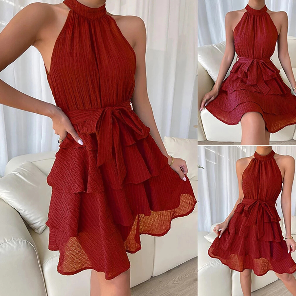 Vestido Feminino Casual Liso com Camada Dupla e Cinto - Mabilan