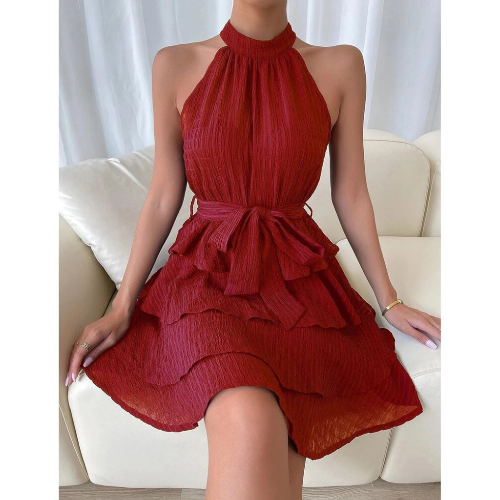 Vestido Feminino Casual Liso com Camada Dupla e Cinto - Mabilan