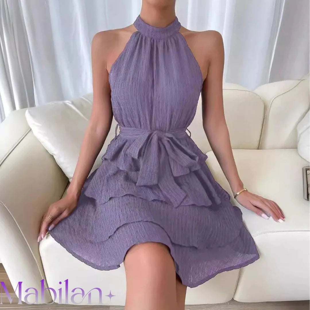 Vestido Feminino Casual Liso com Camada Dupla e Cinto - Mabilan