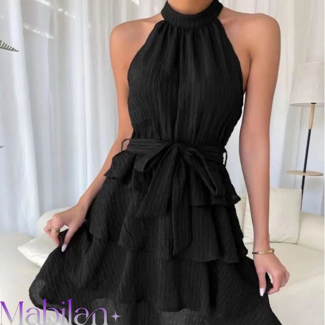 Vestido Feminino Casual Liso com Camada Dupla e Cinto - Mabilan