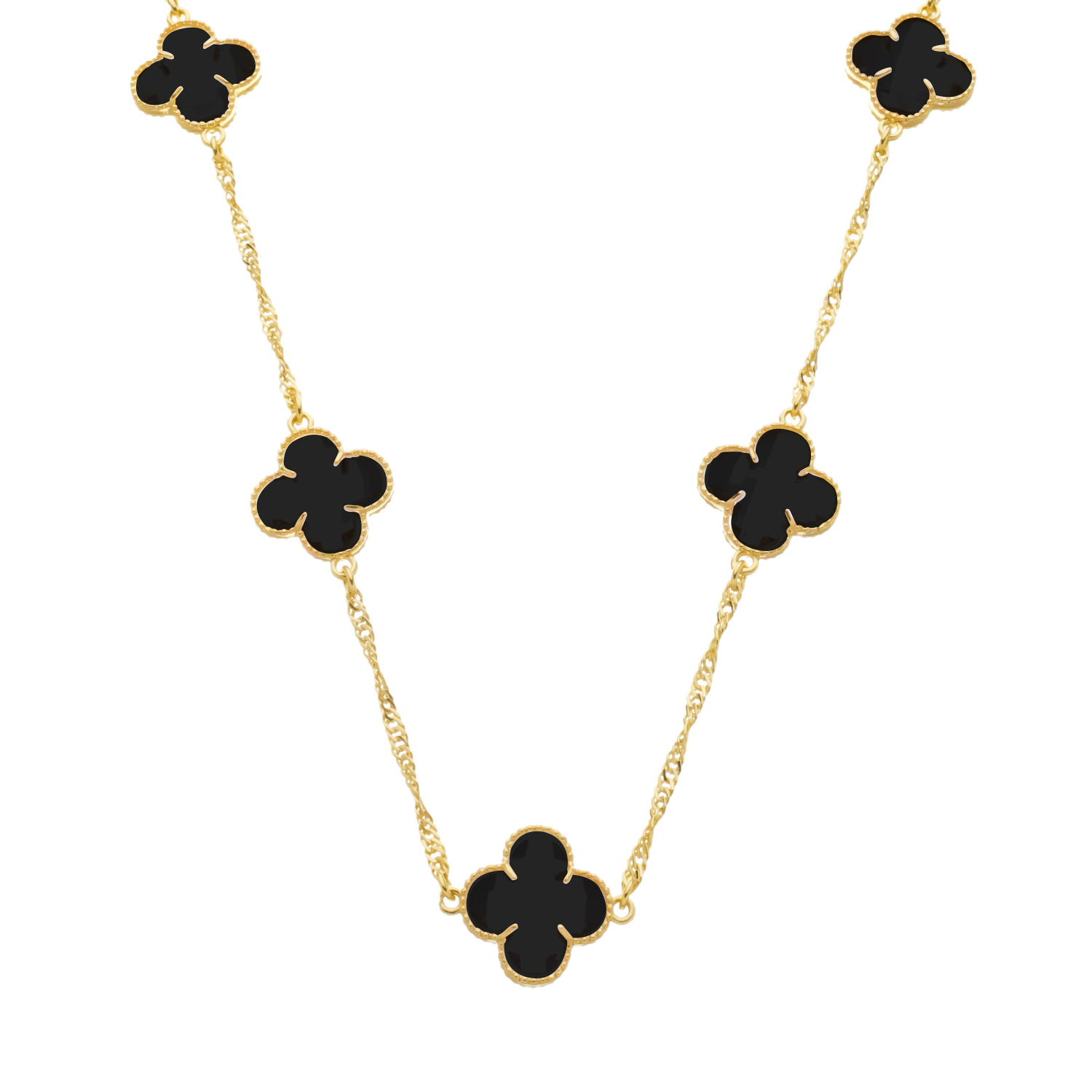 Colar Dourado 5 Trevos Preto Ouro 24k - Mabilan
