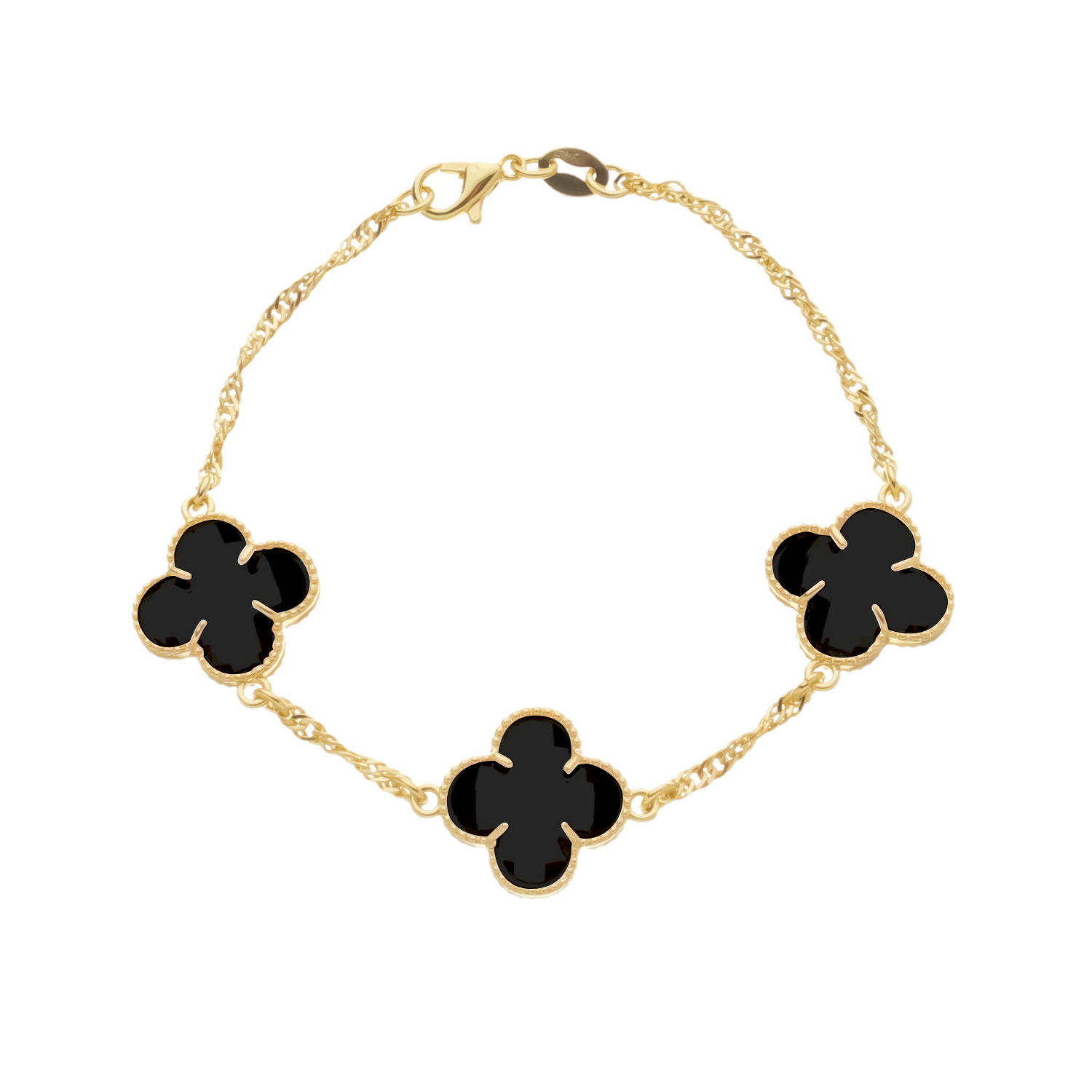 Pulseira Dourada Trevos Zircônia Preta Ouro 24K - Mabilan