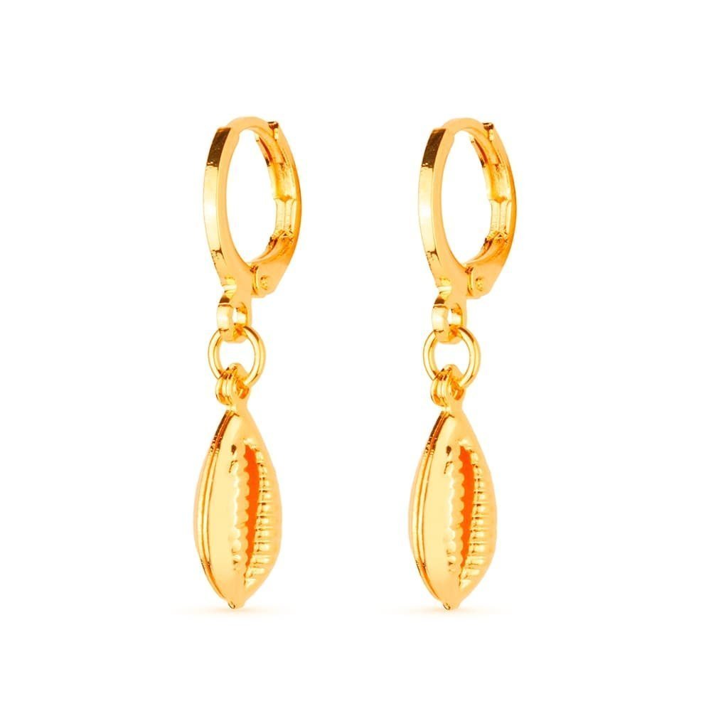 Brinco Dourado de Argolinha Com Búzios Ouro 24K - Mabilan