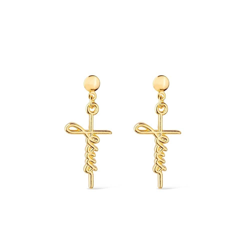 Brinco Dourado de Cruz com a palavra Jesus Ouro 24K