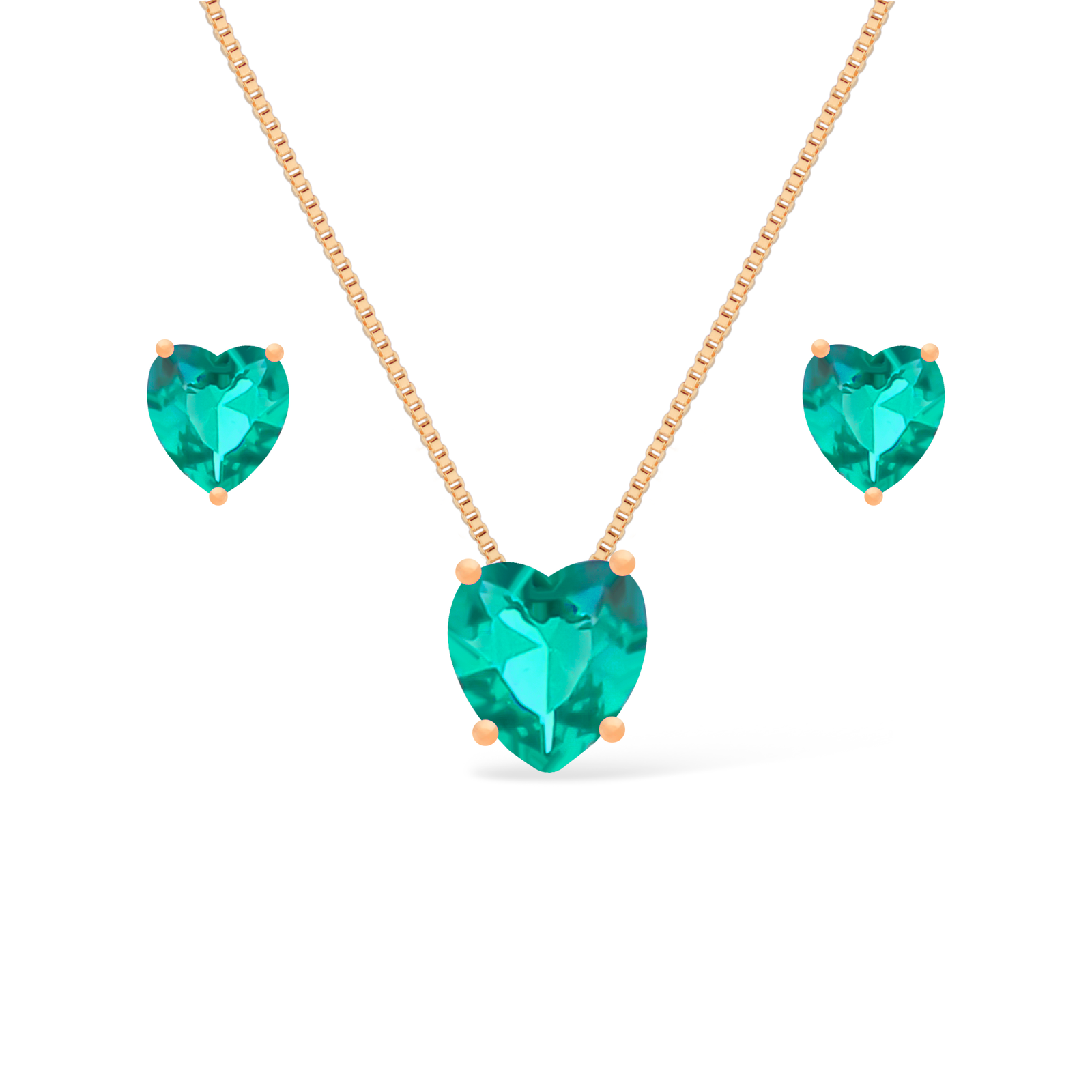Conjunto (Brinco + Colar)  Dourado de Coração Verde Ouro 24K - Mabilan