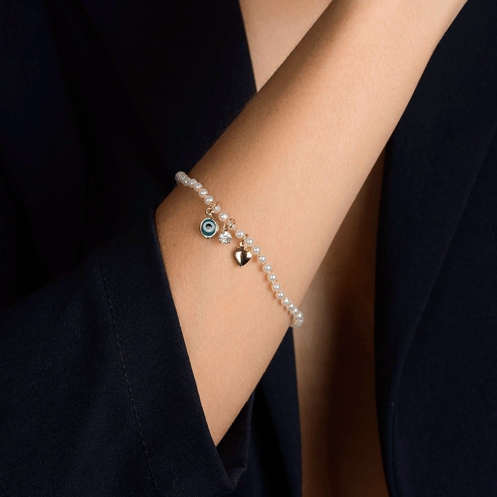Pulseira Dourada de Pérolas com Olho Grego Coração e Ponto de Luz Ouro 24K- Mabilan