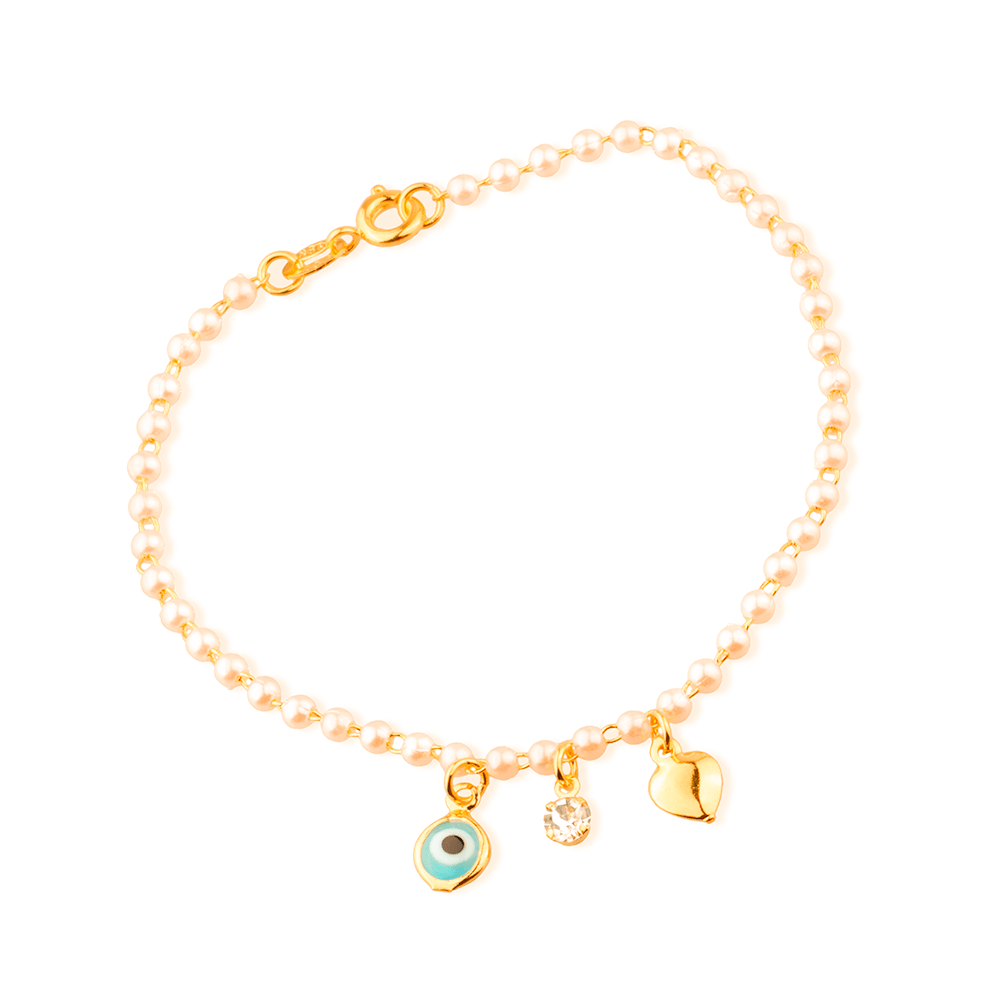 Pulseira Dourada de Pérolas com Olho Grego Coração e Ponto de Luz Ouro 24K- Mabilan