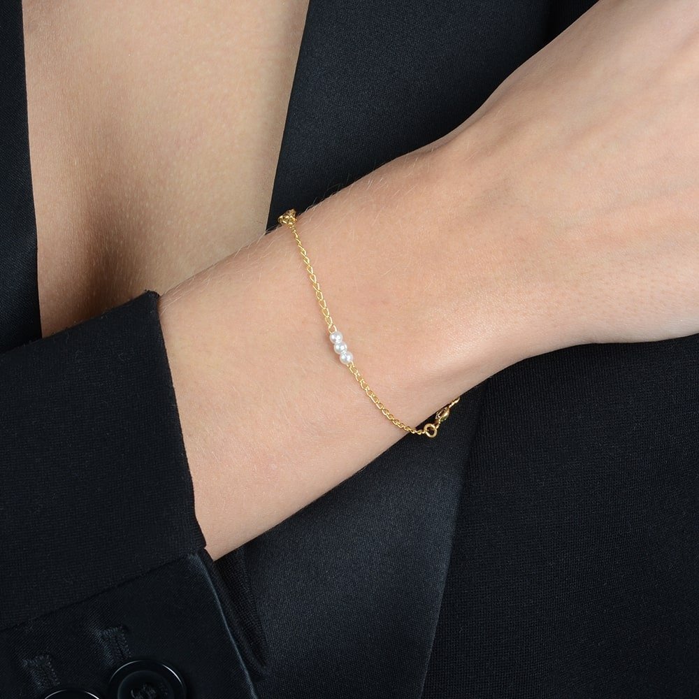 Pulseira Dourada de Pérolas com Ponto de Luz Ouro 24K- Mabilan