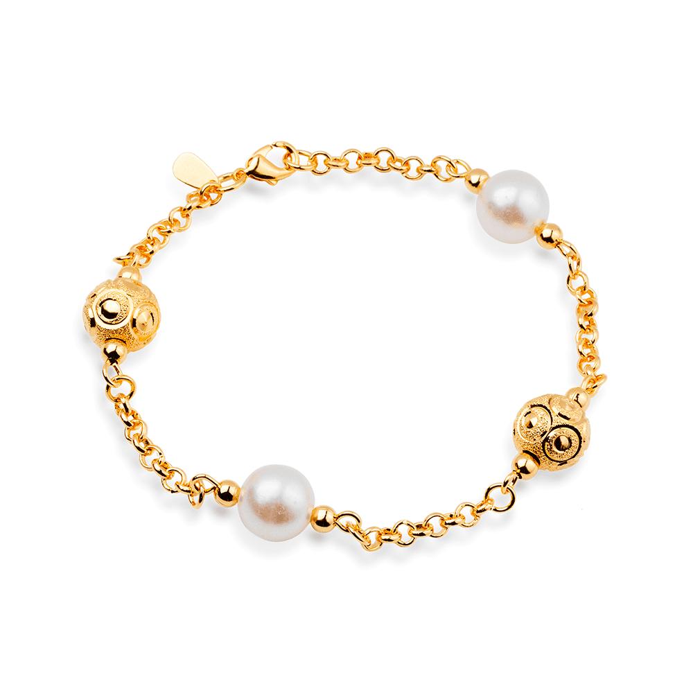 Pulseira Dourada Elo Português com Pérolas e Esferas Vazadas Ouro 24K- Mabilan