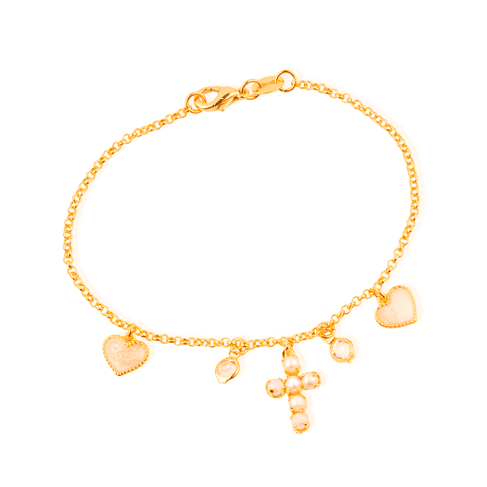 Pulseira Dourada Cruz de Pérolas Coração Madrepérola Ponto de Luz Ouro 24K - Mabilan